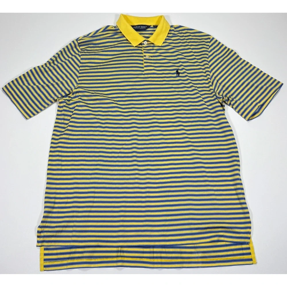 Polo Golf Ralph Lauren Mens L Yellow Blue Striped Pima Cotton Golf Polo Shirt